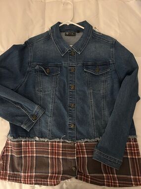 DG2 by Diane Gilman Blue Denim Jacket with Brown Plaid Hem